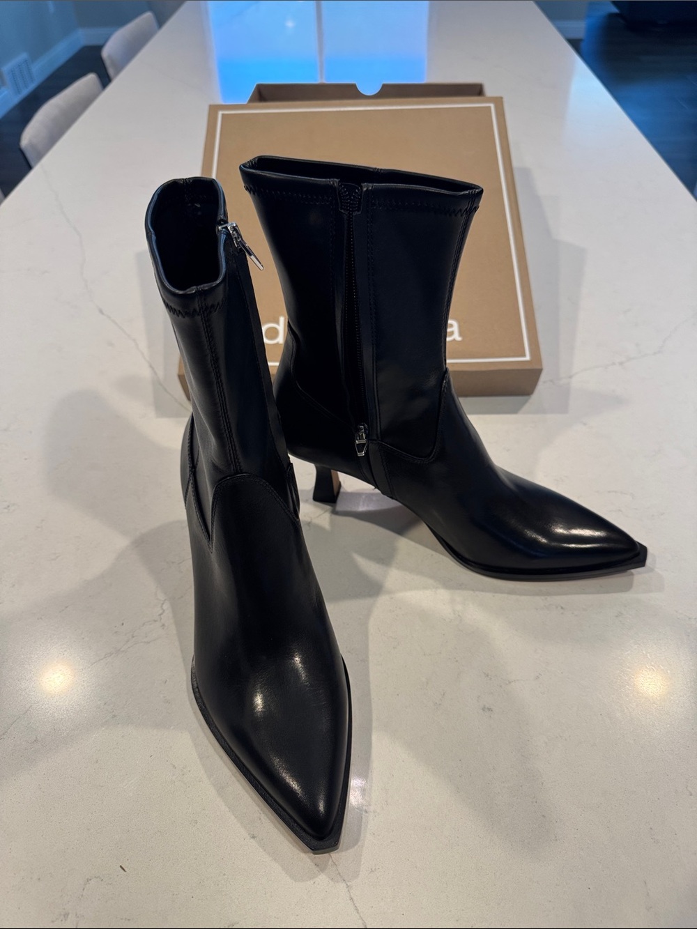 Dolce Vita Black Pointed-Toe Mid-Calf Leather Heel Boots